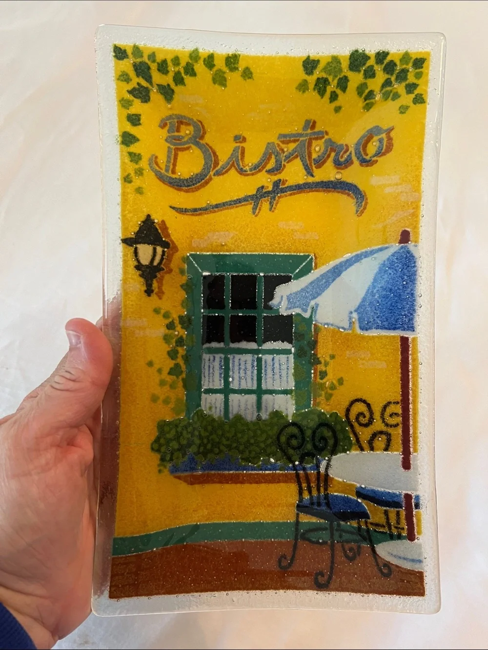 Bistro Decorative Glass Trinket Tray in Yellow and Blue- Peggy Karr